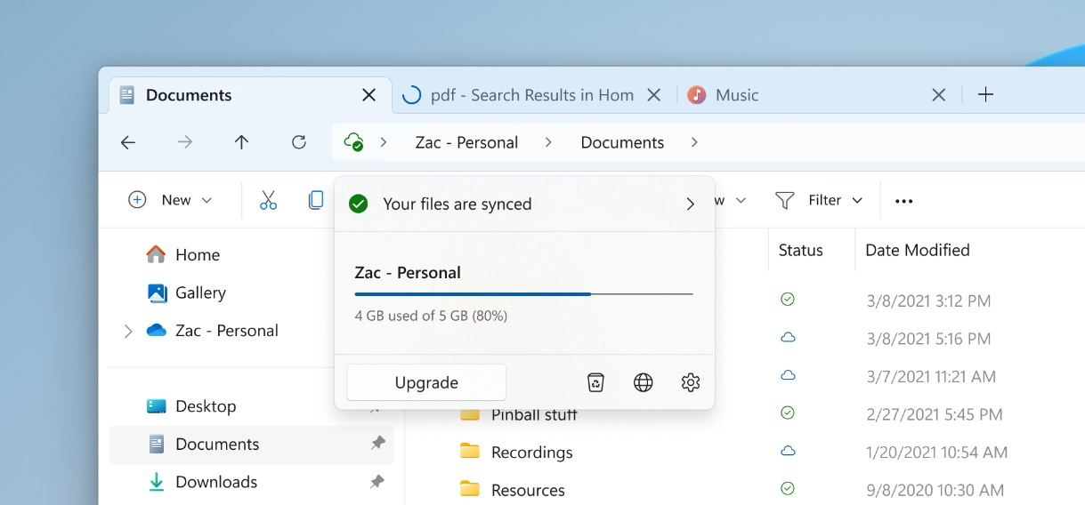 File Explorer header and OneDrive large