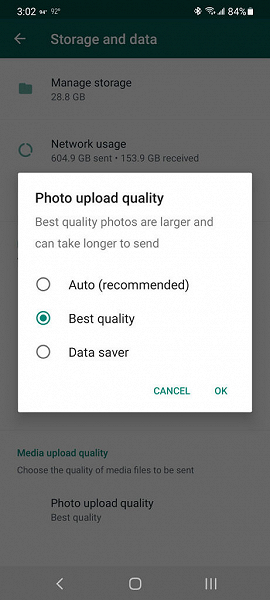 WhatsApp photo upload quality options 461x1024