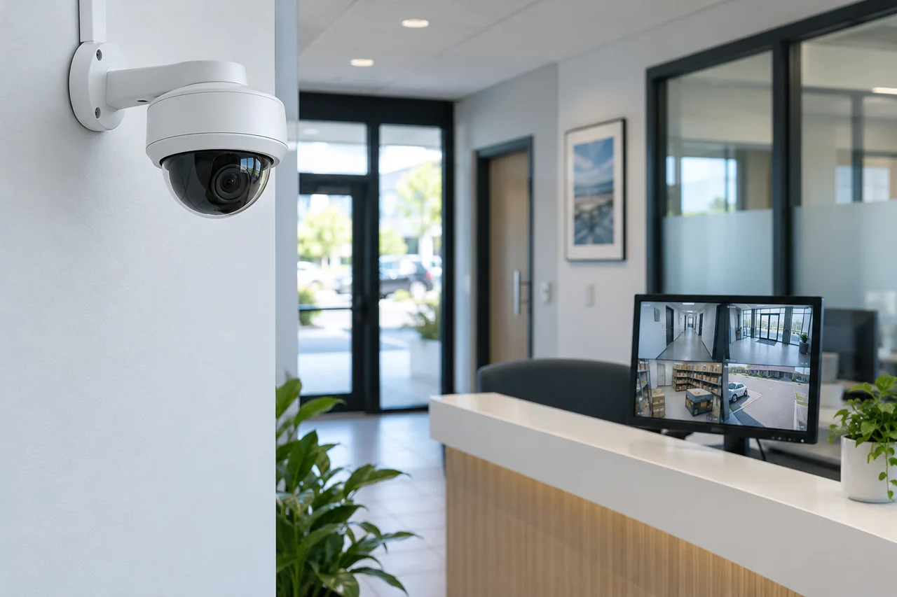 IP-камера в офисе и монитор с изображением нескольких зон наблюдения